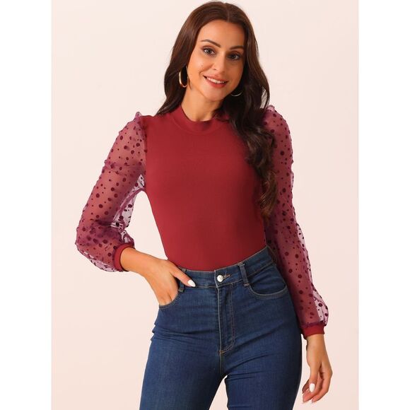 Mock Neck Bodysuit Long Mesh Sheer Sleeve Fit Bodysuits Dark Red - Picture 2 of 5